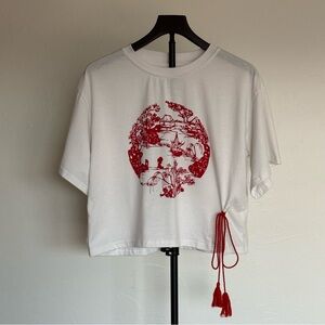 White Graphic Crop Top with Red Tassel Detail & Chinese Landscape Art